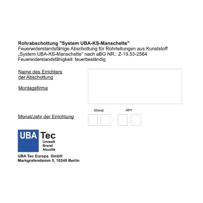 Kennzeichnungsschild UBA-Tec KS-Manschette Kennzeichnungsschild UBA-Tec KS-Manschette